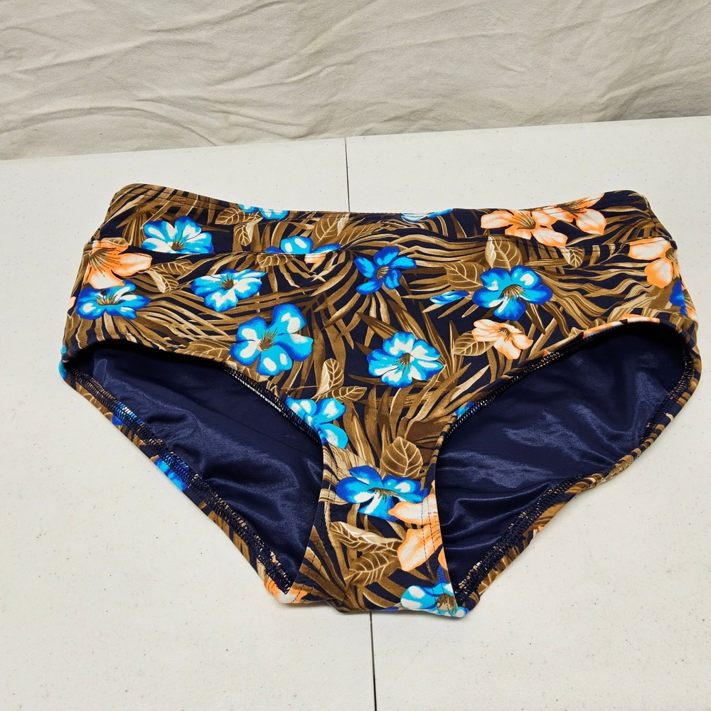 Lands' End Bikini Bottoms Womens 14 Navy Blue Tropical Floral Full Coverage